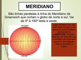 MERIDIANO
São linhas paralelas à linha do Meridiano de
Greenwich que cortam o globo de norte à sul. Vai
de 0º à 180º leste e oeste.
Cada meridiano tem seu
valor dado em graus. Os
graus de cada meridiano
denominam-se
LONGITUDE. Portanto,
falamos, por exemplo, que
o meridiano de Greenwich
possui 0º de longitude.
Veja os exemplos a
seguir:
 