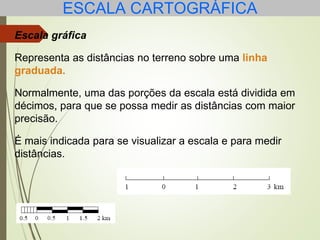 ESCALA CARTOGRÁFICA
Escala gráfica
Representa as distâncias no terreno sobre uma linha
graduada.
Normalmente, uma das porções da escala está dividida em
décimos, para que se possa medir as distâncias com maior
precisão.
É mais indicada para se visualizar a escala e para medir
distâncias.
 