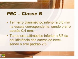 PEC – Classe B
• Tem erro planimétrico inferior a 0,8 mm
na escala correspondente, sendo o erro
padrão 0,4 mm;
• Tem o erro altimétrico inferior a 3/5 da
equidistância das curvas de nível,
sendo o erro padrão 2/5;
 