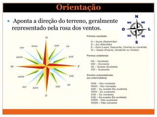 Orientação
 Aponta a direção do terreno, geralmente
 representado pela rosa dos ventos.
 
