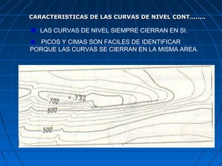 CARACTERISTICAS DE LAS CURVAS DE NIVEL CONT........

   LAS CURVAS DE NIVEL SIEMPRE CIERRAN EN SI.
   PICOS Y CIMAS SON FACILES DE IDENTIFICAR
PORQUE LAS CURVAS SE CIERRAN EN LA MISMA AREA.
 