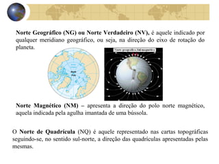 Norte Geográfico (NG) ou Norte Verdadeiro (NV), é aquele indicado por
qualquer meridiano geográfico, ou seja, na direção do eixo de rotação do
planeta.
Norte Magnético (NM) – apresenta a direção do polo norte magnético,
aquela indicada pela agulha imantada de uma bússola.
O Norte de Quadrícula (NQ) é aquele representado nas cartas topográficas
seguindo-se, no sentido sul-norte, a direção das quadrículas apresentadas pelas
mesmas.
 