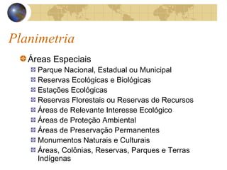 Planimetria
Áreas Especiais
Parque Nacional, Estadual ou Municipal
Reservas Ecológicas e Biológicas
Estações Ecológicas
Reservas Florestais ou Reservas de Recursos
Áreas de Relevante Interesse Ecológico
Áreas de Proteção Ambiental
Áreas de Preservação Permanentes
Monumentos Naturais e Culturais
Áreas, Colônias, Reservas, Parques e Terras
Indígenas
 