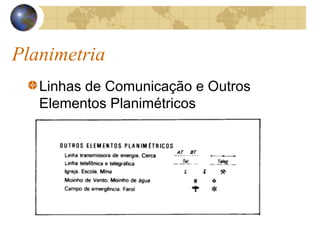 Planimetria
Linhas de Comunicação e Outros
Elementos Planimétricos
 