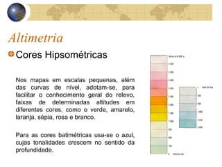 Altimetria
Cores Hipsométricas
Nos mapas em escalas pequenas, além
das curvas de nível, adotam-se, para
facilitar o conhecimento geral do relevo,
faixas de determinadas altitudes em
diferentes cores, como o verde, amarelo,
laranja, sépia, rosa e branco.
Para as cores batimétricas usa-se o azul,
cujas tonalidades crescem no sentido da
profundidade.
 