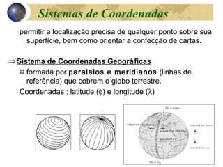 permitir a localização precisa de qualquer ponto sobre sua
superfície, bem como orientar a confecção de cartas.
⇒Sistema de Coordenadas Geográficas
formada por paralelos e meridianos (linhas de
referência) que cobrem o globo terrestre.
Coordenadas : latitude (φ) e longitude (λ)
Sistemas de Coordenadas
 