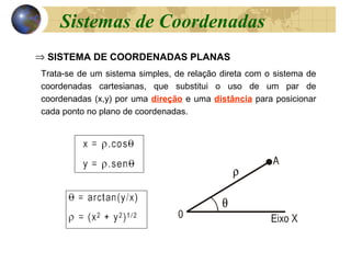 ⇒ SISTEMA DE COORDENADAS PLANAS
Trata-se de um sistema simples, de relação direta com o sistema de
coordenadas cartesianas, que substitui o uso de um par de
coordenadas (x,y) por uma direção e uma distância para posicionar
cada ponto no plano de coordenadas.
Sistemas de Coordenadas
 