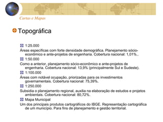 Cartas e Mapas
Topográfica
1:25.000
Áreas específicas com forte densidade demográfica. Planejamento sócio-
econômico e ante-projetos de engenharia. Cobertura nacional: 1,01%..
1:50.000
Como a anterior, planejamento sócio-econômico e ante-projetos de
engenharia. Cobertura nacional: 13,9% (principalmente Sul e Sudeste).
1:100.000
Áreas com notável ocupação, priorizadas para os investimentos
governamentais. Cobertura nacional: 75,39%.
1:250.000
Subsidia o planejamento regional, auxilia na elaboração de estudos e projetos
ambientais. Cobertura nacional: 80,72%.
Mapa Municipal
Um dos principais produtos cartográficos do IBGE. Representação cartográfica
de um município. Para fins de planejamento e gestão territorial.
 