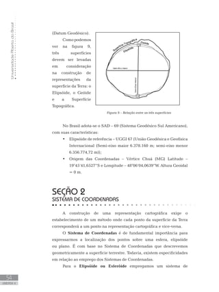 UniversidadeAbertadoBrasil
54
unidade 4
UniversidadeAbertadoBrasil
54
unidade 4
(Datum Geodésico).
Como podemos
ver na figura 9,
três superfícies
devem ser levadas
em consideração
na construção de
representações da
superfície da Terra: o
Elipsóide, o Geóide
e a Superfície
Topográfica.
No Brasil adota-se o SAD – 69 (Sistema Geodésico Sul Americano),
com suas características:
Elipsóide de referência – UGGI 67 (União Geodésica e Geofísica•	
Internacional (Semi-eixo maior 6.378.160 m; semi-eixo menor
6.356.774,72 m));
Origem das Coordenadas – Vértice Chuá (MG) Latitude –•	
19°45’41,6527”S e Longitude – 48°06’04,0639”W. Altura Geoidal
= 0 m.
seção 2
SISTEMA DE COORDENADAS
A construção de uma representação cartográfica exige o
estabelecimento de um método onde cada ponto da superfície da Terra
corresponderá a um ponto na representação cartográfica e vice-versa.
O Sistema de Coordenadas é de fundamental importância para
expressarmos a localização dos pontos sobre uma esfera, elipsóide
ou plano. É com base no Sistema de Coordenadas que descrevemos
geometricamente a superfície terrestre. Todavia, existem especificidades
em relação ao emprego dos Sistemas de Coordenadas.
Para o Elipsóide ou Esferóide empregamos um sistema de
Figura 9 – Relação entre as três superfícies
 