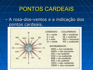 PONTOS CARDEAIS
- A rosa-dos-ventos e a indicação dos
  pontos cardeais.
 
