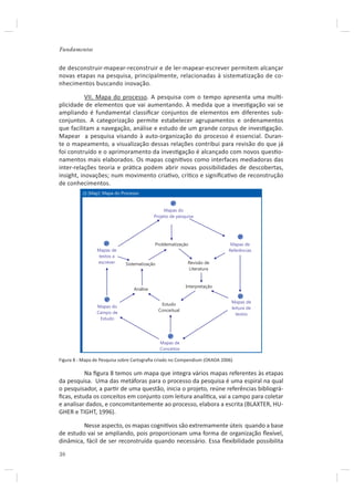 Fundamentos


de desconstruir-mapear-reconstruir e de ler-mapear-escrever permitem alcançar
novas etapas na pesquisa, principalmente, relacionadas à sistematização de co-
nhecimentos buscando inovação.

           VII. Mapa do processo. A pesquisa com o tempo apresenta uma mulƟ-
plicidade de elementos que vai aumentando. À medida que a invesƟgação vai se
ampliando é fundamental classiﬁcar conjuntos de elementos em diferentes sub-
conjuntos. A categorização permite estabelecer agrupamentos e ordenamentos
que facilitam a navegação, análise e estudo de um grande corpus de invesƟgação.
Mapear a pesquisa visando à auto-organização do processo é essencial. Duran-
te o mapeamento, a visualização dessas relações contribui para revisão do que já
foi construído e o aprimoramento da invesƟgação é alcançado com novos quesƟo-
namentos mais elaborados. Os mapas cogniƟvos como interfaces mediadoras das
inter-relações teoria e práƟca podem abrir novas possibilidades de descobertas,
insight, inovações; num movimento criaƟvo, críƟco e signiﬁcaƟvo de reconstrução
de conhecimentos.
             [Map]: Mapa do Processo


                                                Mapas do
                                           Projeto de pesquisa




                                           Problematização                   Mapas de
                 Mapas de                                                   Referências
                 textos a
                 escrever     Sistematização                 Revisão de
                                                             Literatura


                                                            Interpretação
                                 Análise


                                                Estudo                       Mapas de
                 Mapas do                                                    leitura de
                 Campo de                      Conceitual
                                                                               textos
                  Estudo




                                               Mapas de
                                               Conceitos

Figura 8 - Mapa de Pesquisa sobre Cartograﬁa criado no Compendium (OKADA 2006)

          Na ﬁgura 8 temos um mapa que integra vários mapas referentes às etapas
da pesquisa. Uma das metáforas para o processo da pesquisa é uma espiral na qual
o pesquisador, a parƟr de uma questão, inicia o projeto, reúne referências bibliográ-
ﬁcas, estuda os conceitos em conjunto com leitura analíƟca, vai a campo para coletar
e analisar dados, e concomitantemente ao processo, elabora a escrita (BLAXTER, HU-
GHER e TIGHT, 1996).

         Nesse aspecto, os mapas cogniƟvos são extremamente úteis quando a base
de estudo vai se ampliando, pois proporcionam uma forma de organização ﬂexível,
dinâmica, fácil de ser reconstruída quando necessário. Essa ﬂexibilidade possibilita

58
 