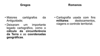 Gregos
• Maiores cartógrafos da
Antiguidade;
• Deixaram um importante
legado cartográfico, como o
cálculo da circunferência
da Terra e as coordenadas
geográficas.
Romanos
• Cartografia usada com fins
militares: deslocamentos,
viagens e controle territorial.
 