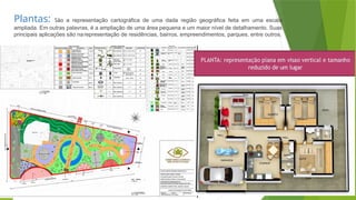 SU
M
ÁR
IO
Plantas: São a representação cartográfica de uma dada região geográfica feita em uma escala
ampliada. Em outras palavras, é a ampliação de uma área pequena e um maior nível de detalhamento. Suas
principais aplicações são narepresentação de residências, bairros, empreendimentos, parques, entre outros.
 