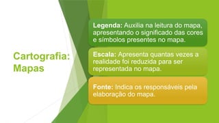 Cartografia:
Mapas
Legenda: Auxilia na leitura do mapa,
apresentando o significado das cores
e símbolos presentes no mapa.
Escala: Apresenta quantas vezes a
realidade foi reduzida para ser
representada no mapa.
Fonte: Indica os responsáveis pela
elaboração do mapa.
 