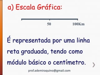 a) Escala Gráfica:
50
100Km
É representada por uma linha
reta graduada, tendo como
módulo básico o centímetro.
prof.ademiraquino@gmail.com