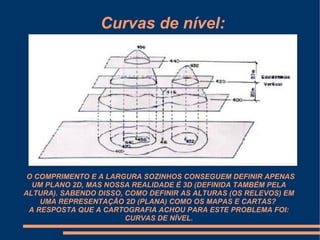 Curvas de nível:




        Clique para editar o estilo do subtítulo
                        mestre
 O COMPRIMENTO E A LARGURA SOZINHOS CONSEGUEM DEFINIR APENAS
  UM PLANO 2D, MAS NOSSA REALIDADE É 3D (DEFINIDA TAMBÉM PELA
ALTURA). SABENDO DISSO, COMO DEFINIR AS ALTURAS (OS RELEVOS) EM
    UMA REPRESENTAÇÃO 2D (PLANA) COMO OS MAPAS E CARTAS?
 A RESPOSTA QUE A CARTOGRAFIA ACHOU PARA ESTE PROBLEMA FOI:
                        CURVAS DE NÍVEL.
 