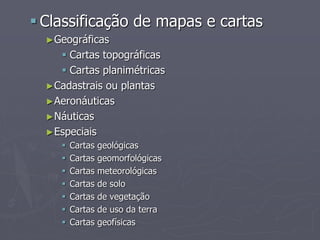  Classificação de mapas e cartas
►Geográficas
 Cartas topográficas
 Cartas planimétricas
►Cadastrais ou plantas
►Aeronáuticas
►Náuticas
►Especiais
 Cartas geológicas
 Cartas geomorfológicas
 Cartas meteorológicas
 Cartas de solo
 Cartas de vegetação
 Cartas de uso da terra
 Cartas geofísicas
 