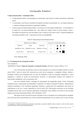 Cartografia Temática – Frederico do Valle F. de Castro
5
Cartografia Temática1
1. Representação gráfica – Semiologia Gráfica
A Representação Gráfica é uma linguagem de comunicação visual, porém, de caráter monossêmico (significado
único).
A comunicação visual feita por intermédio da fotografia, da pintura, da publicidade, etc., cria imagens figurativas
→ sistemas semiológicos polissêmicos (significados múltiplos).
A tarefa essencial da Representação Gráfica é a de transcrever as três relações fundamentais – de diversidade (≠),
de ordem (O) e de proporcionalidade (Q) – entre objetos, por relações visuais de mesma natureza. Assim, a
diversidade será transcrita por uma diversidade visual; a ordem por uma ordem visual e a proporcionalidade por
uma proporcionalidade visual → transcrição universal, sem ambigüidades.
Tabela 01: Representações da Semiologia Gráfica
Fonte: Martinelli, 2003a
1.1 - Os fundamentos da Cartografia Temática
Texto extraído de:
MARTINELLI, Marcelo. Mapas de Geografia e Cartografia Temática. São Paulo: Contexto, 2003b, p. 15-17.
Com o florescimento dos diferentes ramos de estudo operados com a divisão do trabalho científico no fim do
século XVIII e início do século XIX, desenvolveu-se outro tipo de cartografia, a Cartografia Temática. Embora a
Cartografia Temática seja considerada como um ramo da Cartografia, ao lado da Cartografia Topográfica, as visões
topográficas e temática do mundo são historicamente sucessivas: as representações temáticas não substituem as
representações topográficas e sim se acrescentam a elas.
Essa nova demanda norteou a passagem da representação das propriedades apenas “vistas” (Cartografia
Topográfica) para a representação das propriedades “conhecidas” dos objetos (Cartografia Temática). Representam-se
categorias mentalmente e não visualmente organizadas. Entretanto, o grande passo dos mapeamentos como apoio aos
conhecimentos se dá com o avanço imperialista no fim do século XIX. Cada potência necessitava de um inventário
cartográfico preciso para as novas incursões exploratórias, incorporando, assim, também, esta ciência às suas investidas
espoliativas nas áreas de dominação (Palsky, 1984 e Salichtchev, 1979).
Mas apesar de todo esse desenvolvimento tecnológico de que a Cartografia vem se beneficiando na atualidade,
deve existir uma clara conscientização com o fim de avaliá-la permanentemente em seu contexto social. Assim, não basta
1
Assegurando os direitos de autoria dos pensamentos apresentados no presente trabalho, todas as citações e textos de outros autores
foram devidamente referenciados bibliograficamente.
 