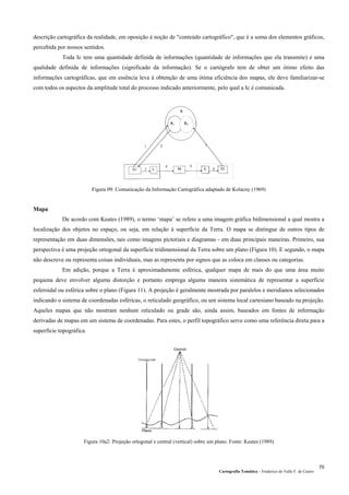 descrição cartográfica da realidade, em oposição à noção de "conteúdo cartográfico", que é a soma dos elementos gráficos,
percebida por nossos sentidos.
Toda Ic tem uma quantidade definida de informações (quantidade de informações que ela transmite) e uma
qualidade definida de informações (significado da informação). Se o cartógrafo tem de obter um ótimo efeito das
informações cartográficas, que em essência leva à obtenção de uma ótima eficiência dos mapas, ele deve familiarizar-se
com todos os aspectos da amplitude total do processo indicado anteriormente, pelo qual a Ic é comunicada.
Figura 09: Comunicação da Informação Cartográfica adaptado de Kolacny (1969)
Mapa
De acordo com Keates (1989), o termo ‘mapa’ se refere a uma imagem gráfica bidimensional a qual mostra a
localização dos objetos no espaço, ou seja, em relação à superfície da Terra. O mapa se distingue de outros tipos de
representação em duas dimensões, tais como imagens pictoriais e diagramas - em duas principais maneiras. Primeiro, sua
perspectiva é uma projeção ortogonal da superfície tridimensional da Terra sobre um plano (Figura 10). E segundo, o mapa
não descreve ou representa coisas individuais, mas as representa por signos que as coloca em classes ou categorias.
Em adição, porque a Terra é aproximadamente esférica, qualquer mapa de mais do que uma área muito
pequena deve envolver alguma distorção e portanto emprega alguma maneira sistemática de representar a superfície
esferoidal ou esférica sobre o plano (Figura 11). A projeção é geralmente mostrada por paralelos e meridianos selecionados
indicando o sistema de coordenadas esféricas, o reticulado geográfico, ou um sistema local cartesiano baseado na projeção.
Aqueles mapas que não mostram nenhum reticulado ou grade são, ainda assim, baseados em fontes de informação
derivadas de mapas em um sistema de coordenadas. Para estes, o perfil topográfico serve como uma referência direta para a
superfície topográfica.
Figura 10a2: Projeção ortogonal e central (vertical) sobre um plano. Fonte: Keates (1989)
Cartografia Temática – Frederico do Valle F. de Castro
70
 