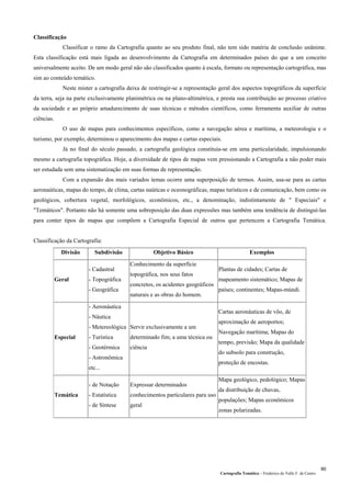 Cartografia Temática – Frederico do Valle F. de Castro
90
Classificação
Classificar o ramo da Cartografia quanto ao seu produto final, não tem sido matéria de conclusão unânime.
Esta classificação está mais ligada ao desenvolvimento da Cartografia em determinados países do que a um conceito
universalmente aceito. De um modo geral não são classificados quanto à escala, formato ou representação cartográfica, mas
sim ao conteúdo temático.
Neste mister a cartografia deixa de restringir-se a representação geral dos aspectos topográficos da superfície
da terra, seja na parte exclusivamente planimétrica ou na plano-altimétrica, e presta sua contribuição ao processo criativo
da sociedade e ao próprio amadurecimento de suas técnicas e métodos científicos, como ferramenta auxiliar de outras
ciências.
O uso de mapas para conhecimentos específicos, como a navegação aérea e marítima, a meteorologia e o
turismo, por exemplo, determinou o aparecimento dos mapas e cartas especiais.
Já no final do século passado, a cartografia geológica constituía-se em uma particularidade, impulsionando
mesmo a cartografia topográfica. Hoje, a diversidade de tipos de mapas vem pressionando a Cartografia a não poder mais
ser estudada sem uma sistematização em suas formas de representação.
Com a expansão dos mais variados temas ocorre uma superposição de termos. Assim, usa-se para as cartas
aeronaúticas, mapas do tempo, de clima, cartas naúticas e oceonográficas, mapas turísticos e de comunicação, bem como os
geológicos, cobertura vegetal, morfológicos, econômicos, etc., a denominação, indistintamente de " Especiais" e
"Temáticos". Portanto não há somente uma sobreposição das duas expressões mas também uma tendência de distinguí-las
para conter tipos de mapas que compõem a Cartografia Especial de outros que pertencem a Cartografia Temática.
Classificação da Cartografia:
Divisão Subdivisão Objetivo Básico Exemplos
Geral
- Cadastral
- Topográfica
- Geográfica
Conhecimento da superfície
topográfica, nos seus fatos
concretos, os acidentes geográficos
naturais e as obras do homem.
Plantas de cidades; Cartas de
mapeamento sistemático; Mapas de
países; continentes; Mapas-múndi.
Especial
- Aeronáutica
- Náutica
- Metereológica
- Turística
- Geotérmica
- Astronômica
etc...
Servir exclusivamente a um
determinado fim; a uma técnica ou
ciência
Cartas aeronáuticas de vôo, de
aproximação de aeroportos;
Navegação marítima; Mapas do
tempo, previsão; Mapa da qualidade
do subsolo para construção,
proteção de encostas.
Temática
- de Notação
- Estatística
- de Síntese
Expressar determinados
conhecimentos particulares para uso
geral
Mapa geológico, pedológico; Mapas
da distribuição de chuvas,
populações; Mapas econômicos
zonas polarizadas.
 