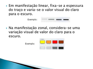  Em manifestação linear, fixa-se a espessura
do traço e varia-se o valor visual do claro
para o escuro.
 Na manifestação zonal, considera-se uma
variação visual de valor do claro para o
escuro.
 