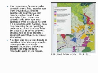  Nas representações ordenadas
considera-se ainda, aquelas que
transcrevem duas ordens
opostas de ocorrências com
manifestação zonal. É um
exemplo, o uso da terra e
cobertura do solo, que traz
oposição entre o espaço natural
e o produzido pelo homem. Para
compreensão dessa oposição,
pode-se explorar as cores frias
em oposição as cores quentes,
observando os seus aspectos
sensorial, psicológico, místico e
simbólico.
 A ordem das cores frias ligada as
questões naturais e a ordem das
cores quentes associada
aspectos humanos. Softwares
específicos trazem bons
resultados para esses mapas.
 
