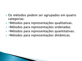  Os métodos podem ser agrupados em quatro
categorias:
 Métodos para representações qualitativas.
 Métodos para representações ordenadas.
 Métodos para representações quantitativas.
 Métodos para representações dinâmicas.
 