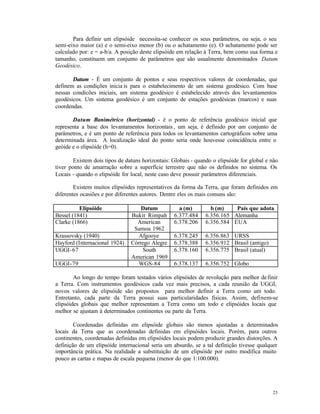 Para definir um elipsóide necessita-se conhecer os seus parâmetros, ou seja, o seu
semi-eixo maior (a) e o semi-eixo menor (b) ou o achatamento (e). O achatamento pode ser
calculado por: e = a-b/a. A posição deste elipsóide em relação à Terra, bem como sua forma e
tamanho, constituem um conjunto de parâmetros que são usualmente denominados Datum
Geodésico.

       Datum - É um conjunto de pontos e seus respectivos valores de coordenadas, que
definem as condições inicia is para o estabelecimento de um sistema geodésico. Com base
nessas condicões iniciais, um sistema geodésico é estabelecido através dos levantamentos
geodésicos. Um sistema geodésico é um conjunto de estações geodésicas (marcos) e suas
coordendas.

       Datum P    lanimétrico (horizontal) - é o ponto de referência geodésico inicial que
representa a base dos levantamentos horizontais , um seja, é definido por um conjunto de
parâmetros, e é um ponto de referência para todos os levantamentos cartográficos sobre uma
determinada área. A localização ideal do ponto seria onde houvesse coincidência entre o
geóide e o elipsóide (h=0).

       Existem dois tipos de datuns horizontais: Globais - quando o elipsóide for global e não
tiver ponto de amarração sobre a superfície terrestre que não os definidos no sistema. Os
Locais - quando o elipsóide for local, neste caso deve possuir parâmetros diferenciais.

        Existem muitos elipsóides representativos da forma da Terra, que foram definidos em
diferentes ocasiões e por diferentes autores. Dentre eles os mais comuns são:

          Elipsóide                Datum            a (m)        b (m)    País que adota
Bessel (1841)                  Bukit Rimpah       6.377.484    6.356.165 Alemanha
Clarke (1866)                    American         6.378.206    6.356.584 EUA
                                Samoa 1962
Krassovsky (1940)                 Afgooye         6.378.245    6.356.863 URSS
Hayford (Internacional 1924)   Córrego Alegre     6.378.388    6.356.912 Brasil (antigo)
UGGI-67                             South         6.378.160    6.356.775 Brasil (atual)
                               American 1969
UGGI-79                           WGS-84          6.378.137    6.356.752 Globo

        Ao longo do tempo foram testados vários elipsóides de revolução para melhor de finir
a Terra. Com instrumentos geodésicos cada vez mais precisos, a cada reunião da UGGI,
novos valores de elipsóide são propostos para melhor definir a Terra como um todo.
Entretanto, cada parte da Terra possui suas particularidades físicas. Assim, definem-se
elipsóides globais que melhor representam a Terra como um todo e elipsóides locais que
melhor se ajustam à determinados continentes ou parte da Terra.

        Coordenadas definidas em elipsóide globais são menos ajustadas a determinados
locais da Terra que as coordenadas definidas em elipsóides locais. Porém, para outros
continentes, coordenadas definidas em elipsóides locais podem produzir grandes distorções. A
definição de um elipsóide internacional seria um absurdo, se a tal definição tivesse qualquer
importância prática. Na realidade a substituição de um elipsóide por outro modifica muito
pouco as cartas e mapas de escala pequena (menor do que 1:100.000).




                                                                                           23
 