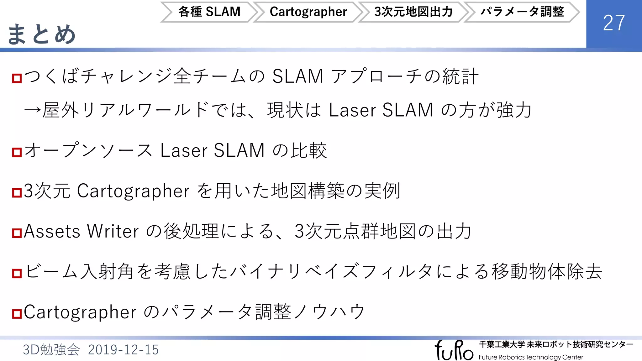 まとめ
27
3D勉強会 2019-12-15
つくばチャレンジ全チームの SLAM アプローチの統計
→屋外リアルワールドでは、現状は Laser SLAM の方が強力
オープンソース Laser SLAM の比較
3次元 Cartographer を用いた地図構築の実例
Assets Writer の後処理による、3次元点群地図の出力
ビーム入射角を考慮したバイナリベイズフィルタによる移動物体除去
Cartographer のパラメータ調整ノウハウ
各種 SLAM Cartographer 3次元地図出力 パラメータ調整
 