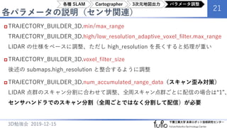 各パラメータの説明（センサ関連）
21
3D勉強会 2019-12-15
 TRAJECTORY_BUILDER_3D.min/max_range
TRAJECTORY_BUILDER_3D.high/low_resolution_adaptive_voxel_filter.max_range
LIDAR の仕様をベースに調整、ただし high_resolution を長くすると処理が重い
 TRAJECTORY_BUILDER_3D.voxel_filter_size
後述の submaps.high_resolution と整合するように調整
 TRAJECTORY_BUILDER_3D.num_accumulated_range_data（スキャン歪み対策）
LIDAR 点群のスキャン分割に合わせて調整、全周スキャン点群ごとに配信の場合は“1”、
センサハンドラでのスキャン分割（全周ごとではなく分割して配信）が必要
各種 SLAM Cartographer 3次元地図出力 パラメータ調整
 