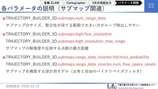 各パラメータの説明（サブマップ関連）
22
3D勉強会 2019-12-15
 TRAJECTORY_BUILDER_3D.submaps.num_range_data
サブマップのサイズ、整合性が保てる範囲で大きい方がループ検出しやすい
 TRAJECTORY_BUILDER_3D.submaps.high/low_resolution
TRAJECTORY_BUILDER_3D.submaps.high_resolution_max_range
サブマップの解像度や反映する点群の最大距離
 TRAJECTORY_BUILDER_3D.submaps.range_data_inserter.hit/miss_probability
TRAJECTORY_BUILDER_3D.submaps.range_data_inserter.num_free_space_voxels
サブマップを構築する逆計測モデル（占有と自由のバイナリベイズフィルタ）
各種 SLAM Cartographer 3次元地図出力 パラメータ調整
 