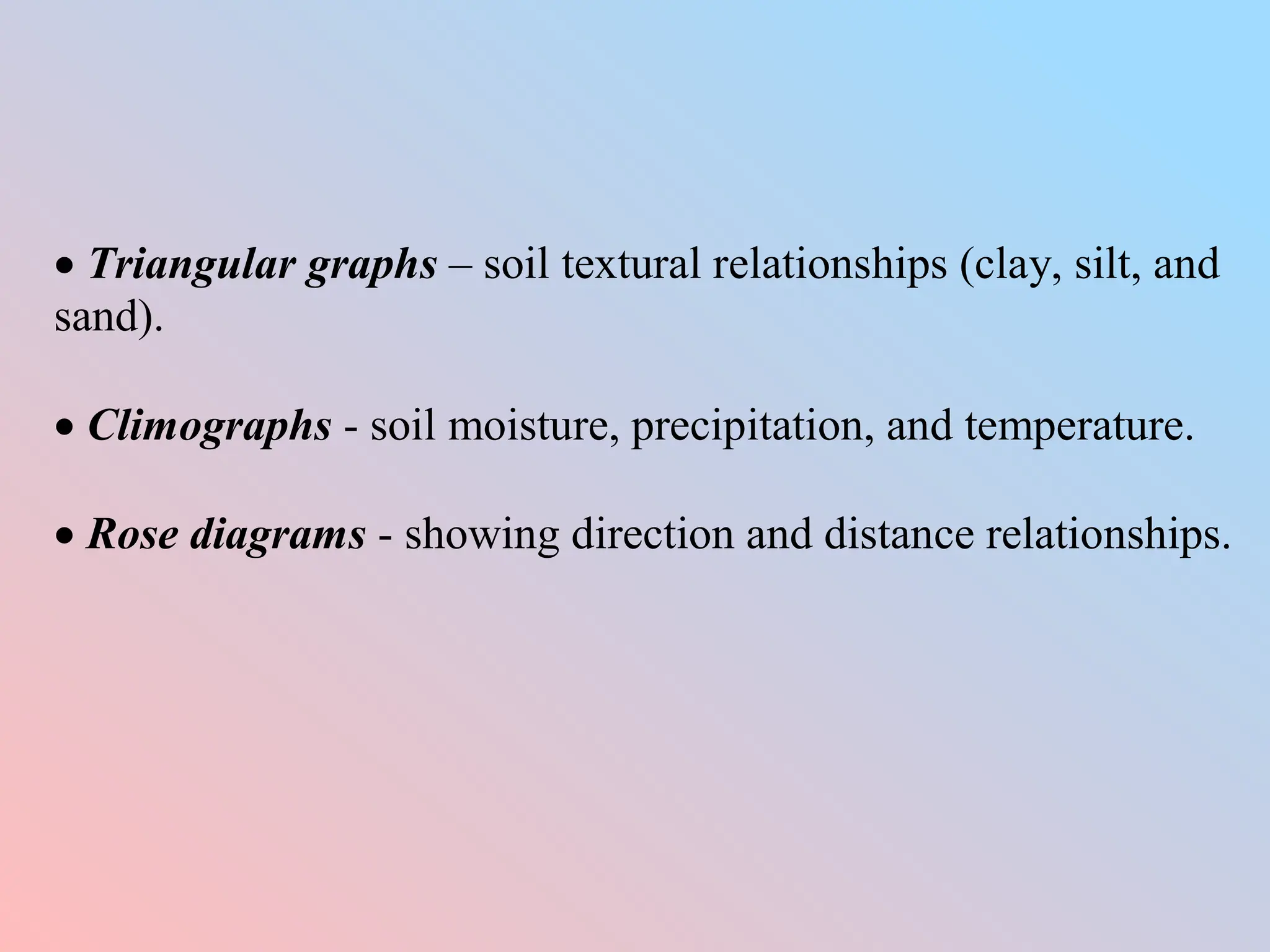  Triangular graphs – soil textural relationships (clay, silt, and
sand).
 Climographs - soil moisture, precipitation, and temperature.
 Rose diagrams - showing direction and distance relationships.
 