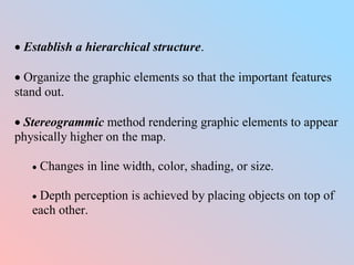  Establish a hierarchical structure.
 Organize the graphic elements so that the important features
stand out.
 Stereogrammic method rendering graphic elements to appear
physically higher on the map.
 Changes in line width, color, shading, or size.
 Depth perception is achieved by placing objects on top of
each other.
 
