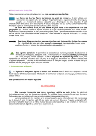 c) Les grands types de signiﬁés
Votre croquis comprendra systématiquement ces trois grands types de signiﬁés :
Les trames de fond ou ﬁgurés surfaciques ou aplats de couleurs… ils sont utilisés pour
représenter les espaces et à en expliquer l’organisation (ex : espaces attractifs, dynamiques,
peuplés ou inversement espaces répulsifs, peu dynamiques ou peu peuplés). Il doit
impérativement être colorié avec des crayons de couleur et surtout pas au feutre (vivement sanctionné).
Privilégier l’aplat de couleur plutôt que les hachures (ultime recours).
Le choix des couleurs n’est pas une affaire de goût, mais il doit respecter le code des
géographes (ex : marron = relief ou espace en crise, le rouge : espace dynamique ou à risque, le vert :
végétation ou espace dynamique, le bleu pour l’hydrographie, violet : dynamisme et espace viticole). Si l’on
décide d’établir une trame montrant des différences, il faut effectuer un dégradé de couleur. Ex : rouge,
orange, jaune, blanc…
Des lignes. Elles représentent les axes et les ﬂux mais également les limites d’un espace
(ex : frontière) . On peut alors faire apparaître des axes de communication (routes, voies
maritimes, ferrées…) ou des ﬂux (de marchandises, de population…)
Des signiﬁés ponctuels. Ils permettent la localisation de manière ponctuelle. Ils structurent le
territoire (ex : métropoles, aéroports, ports…). Pour ce faire, on utilise des signiﬁés géométriques
(ex : carré, triangle, cercles, losanges…). On se dispense des symboles ﬁguratifs (avion pour
représenter un aéroport, un bateau pour un port). Il ne s’agit pas de montrer vos talents d’artistes mais
d’apprenti-géographe… En outre, ils alourdissent le croquis et sont plus longs à réaliser. N’oublier pas qu’il
faut être efﬁcace pour gagner le plus de points possible…
2. Présentation de la légende
🔼 La légende ne doit jamais ﬁgurer au dos du fond de carte mais au dessous du croquis ou sur une
feuille séparer à l’intérieur de la copie. Il faut éviter de commencer la légende sur une page pour l’achever au
dos de celle-ci.
Les ﬁgurés doivent être alignés à gauche.
La nomenclature
Elle regroupe l’ensemble des noms importants relatifs au sujet traité. Ils s’écrivent
horizontalement sauf pour les ﬂeuves par exemple. On privilégie l’encre noire et efforcez-vous de retenir
l’orthographe qui permet de montrer au correcteur vos connaissances précisément.
La nomenclature doit être inscrite à la ﬁn lorsque toutes les autres informations ont été mentionnées
sur le croquis. Il peut être parfois jugé utile de placer les noms en dehors de l’espace cartographié aﬁn
d’améliorer la lisibilité du croquis et même d’utiliser des abréviations (proﬁtez-en !) à condition de mentionner
sa signiﬁcation dans la légende (à utiliser avec parcimonie…).
5
 