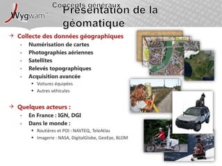 Concepts générauxPrésentation de la géomatiqueCollecte des données géographiquesNumérisation de cartesPhotographies aériennesSatellitesRelevés topographiquesAcquisition avancéeVoitures équipéesAutres véhiculesQuelques acteurs : En France : IGN, DGI Dans le monde : Routières et POI : NAVTEQ, TeleAtlasImagerie : NASA, DigitalGlobe, GeoEye, BLOM