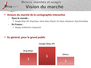 Métiers, marchés et usagesVision du marchéActeurs du marché de la cartographie interactiveDans le monde : Google Maps API, Bing Maps, Yahoo Map, Map24, Ovi Maps, MapQuest, OpenStreetMapEn France : Mappy, ViaMichelin, GeoportailEn général, pour le grand publicGoogle Maps API1Bing MapsOthers23