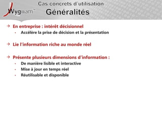 Cas concrets d’utilisationGénéralitésEn entreprise : intérêt décisionnelAccélère la prise de décision et la présentationLie l’information riche au monde réelPrésente plusieurs dimensions d’information : De manière lisible et interactiveMise à jour en temps réelRéutilisable et disponible