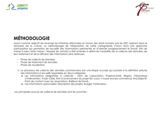 MÉTHODOLOGIE
Ayant comme objectif de recenser les initiatives effectuées en faveur des droits humains par les OSC opérant dans le
domaine de la culture, La méthodologie de l’élaboration de cette cartographie s’inclut dans une approche
participative qui permettra de recueillir des informations pertinentes et d’orienter progressivement le travail. Afin de
mener à bien cette mission, l’équipe de Jamaity a été amenée à définir les modalités de la collecte des données, de
leur traitement et de la diffusion des informations ainsi obtenues.
- Phase de collecte de données
- Phase de traitement de données
- Phase de visualisation
1) Le processus de collecte des données commencera par une étape cruciale qui consiste à la définition précise
des informations à recueillir organisées en deux catégories:
● Les informations obligatoires à collecter : Nom de l’association, Projet/activité, Région, Thématique
d’intervention, Public Cible, Etat d’avancement du projet (En cours, n’a pas encore commencé, fini),Objectif,
Point de contact avec les associations, Bailleurs de Fonds.
● Les informations optionnelles: Description des projets, Budget, Partenaires…
Les principales sources de collecte de données sont les suivantes :
 