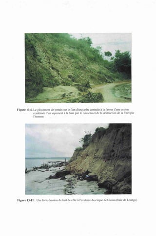 Figure 13-6. Le glissement de terrain sur le flan d'une arête centrale à la faveur d'une action
combinée d'un sapement à la base par le ruisseau et de la destruction de la forêt par
l'homme ..,. ,,.,. , .
Figure 13-11. Une forte érosion du trait de côte à l'exutoire du cirque de Diosso (baie de Loango)
 