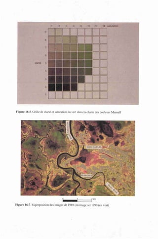 1 I!
s 1 il
••••
LJLWS
Jun••••••••••••
i
:
i
ï
i
satu
•••••1
- -
i1
:
Figure 16-5. Grille de clarté et saturation du vert dans la charte des couleurs Munsell
Figure 16-7. Superposition des images de 1989 (en rouge) et 1990 (en vert)
 