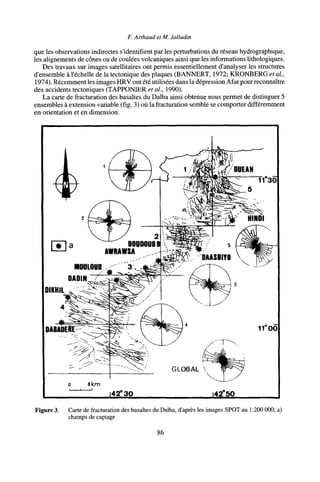 F. Arthaud et M. Jalludin
que les observations indirectes s'identifient par les perturbations du réseau hydrographique,
les alignements de cônes ou de coulées volcaniques ainsi que les informations lithologiques.
Des travaux sur images satellitaires ont permis essentiellement d'analyser les structures
d'ensemble à l'échelle de la tectonique des plaques (BANNERT, 1972; KRONBERG et al,
191A). Récemment les images HRV ont été utilisées dans la dépression Afar pour reconnaître
des accidents tectoniques (TAPPONIER et al, 1990).
La carte de fracturation des basaltes du Dalha ainsi obtenue nous permet de distinguer 5
ensembles à extension variable (fig. 3) où la fracturation semble se comporter différemment
en orientation et en dimension.
2
DOUOOUBH
AWRAWSA
Figure 3. Carte de fracturation des basaltes du Dalha, d'après les images SPOT au 1:200 000; a)
champs de captage
86
 