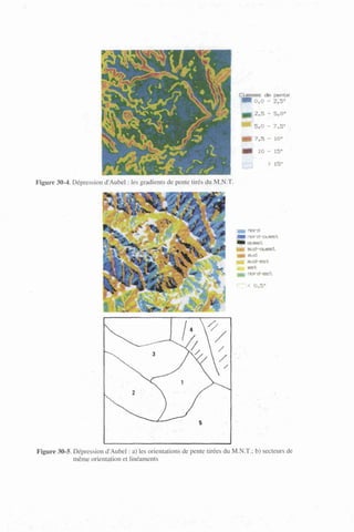 Classes
m2
'
* * 5,
g|7,
MM i
: dte pente
0 - 2,5'
5 - 5,0"
0 - 7,5*
5 - SO"
0 - 15*
> 1 5 * •
Figure 30-4. Dépression d'Aubel : les gradients de pente tirés du M.N.T.
t
. # • " ! *
or à
Figure 30-5. Dépression d'Aubel : a) les orientations de pente tirées du M.N.T.; b) secteurs de
même orientation et linéaments
 