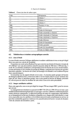 C. Puech et O. Delahaye
Tableau I. Classes des états de surface types
Code
Cl
C2
C3
TER
VER
DES
ST1
ST2
ST3
ERO
DEC
GRO
RUI
EOL
Désignation
Cultures 1
Cultures 2
Cultures 3
Termites et vers
Vers
Croûte de dessication
Croûte structurale à 1 horizon
Croûte structurale à 2 horizons
Croûte structurale à 3 horizons
Croûte d'érosion
Croûte de décantation
Croûte grossière
Croûte de ruissellement
Croûte de dépôts éoliens
4.2. Télédétection et résultats cartographiques associés
4.2.1. Zone d'étude
La zone d'étude concerne l'Afrique sahélienne et soudano-sahélienne et nous avons privilégié
deux axes pour nos calculs de faisabilité.
Un premier axe nord-sud au Burkina Faso qui concerne une dizaine de bassins versants de
10 à 400 km2
sous une pluviométrie annuelle moyenne allant de 400 mm à 1200 mm (fig. 2
et tab. II). Les données satellitaires correspondant à tous les bassins de cet axe ont été traitées,
et nous présentons ici les résultats du groupe de Manga, contenant trois bassins très proches
dont deux emboîtés : les bassins de Louré, de Kazanga et de Binndé (voir le tableau III pour
leurs caractéristiques).
Un deuxième axe de support d'étude est en cours : il concerne quatre groupes de bassins
du Sénégal au Burkina Faso, et doit nous aider à voir les limites dans le cas de variations des
types de sols. Dans ce deuxième groupe, nous avons gardé les bassins de Manga, présentés
ici, afin de pouvoir relier les résultats de cette série à ceux de la série précédente.
4.2.2. Images satellitaires utilisées
Dans cette approche, nous avons privilégié les images TM aux images HRV, pour les raisons
qui suivent.
Le changement de résolution en passant de HRV XS (20 m) à TM (30 m) ne nous a pas
sembléfondamentalement gênant dans ces paysages «ouverts» sahéliens combinant plusieurs
entités distinctes superposées. La détection parfaite de toutes les composantes individuelles
au sol demanderait en fait une résolution compatible avec chaque arbre individualisé, ce qui
n'est, ni possible avec les satellites civils d'observation de la terre actuellement en service, ni
peut être souhaitable quand on s'intéresse à la caractérisation de bassins versants de dizaines
voire de centaines de kilomètres carrés.
114
 