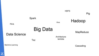 Data Science
Hadoop
MapReduce
HDFS
Spark
Machine Learning
Hive
Pig
Architecture
lambda
Cascading
Flink
Tez
Big Data
 