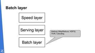 Batch layer
Speed layer
Serving layer
Batch layer
Hadoop (MapReduce, HDFS).
Thrift, Cascalog.
 