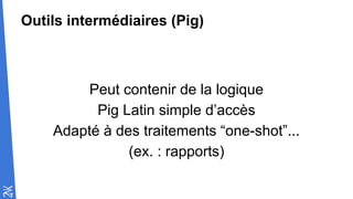 Outils intermédiaires (Pig)
Peut contenir de la logique
Pig Latin simple d’accès
Adapté à des traitements “one-shot”...
(ex. : rapports)
 