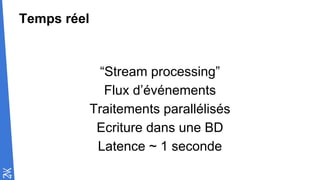 Temps réel
“Stream processing”
Flux d’événements
Traitements parallélisés
Ecriture dans une BD
Latence ~ 1 seconde
 