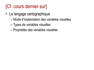 [Cf. cours dernier sur]
• Le langage cartographique
– Mode d’implantation des variables visuelles
– Types de variables visuelles
– Propriétés des variables visuelles

 