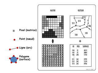 Pixel (matrice)

Point (nœud)
Ligne (arc)
Polygone
(surface)

 