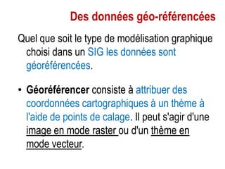 Des données géo-référencées
Quel que soit le type de modélisation graphique
choisi dans un SIG les données sont
géoréférencées.
• Géoréférencer consiste à attribuer des
coordonnées cartographiques à un thème à
l'aide de points de calage. Il peut s'agir d'une
image en mode raster ou d'un thème en
mode vecteur.

 